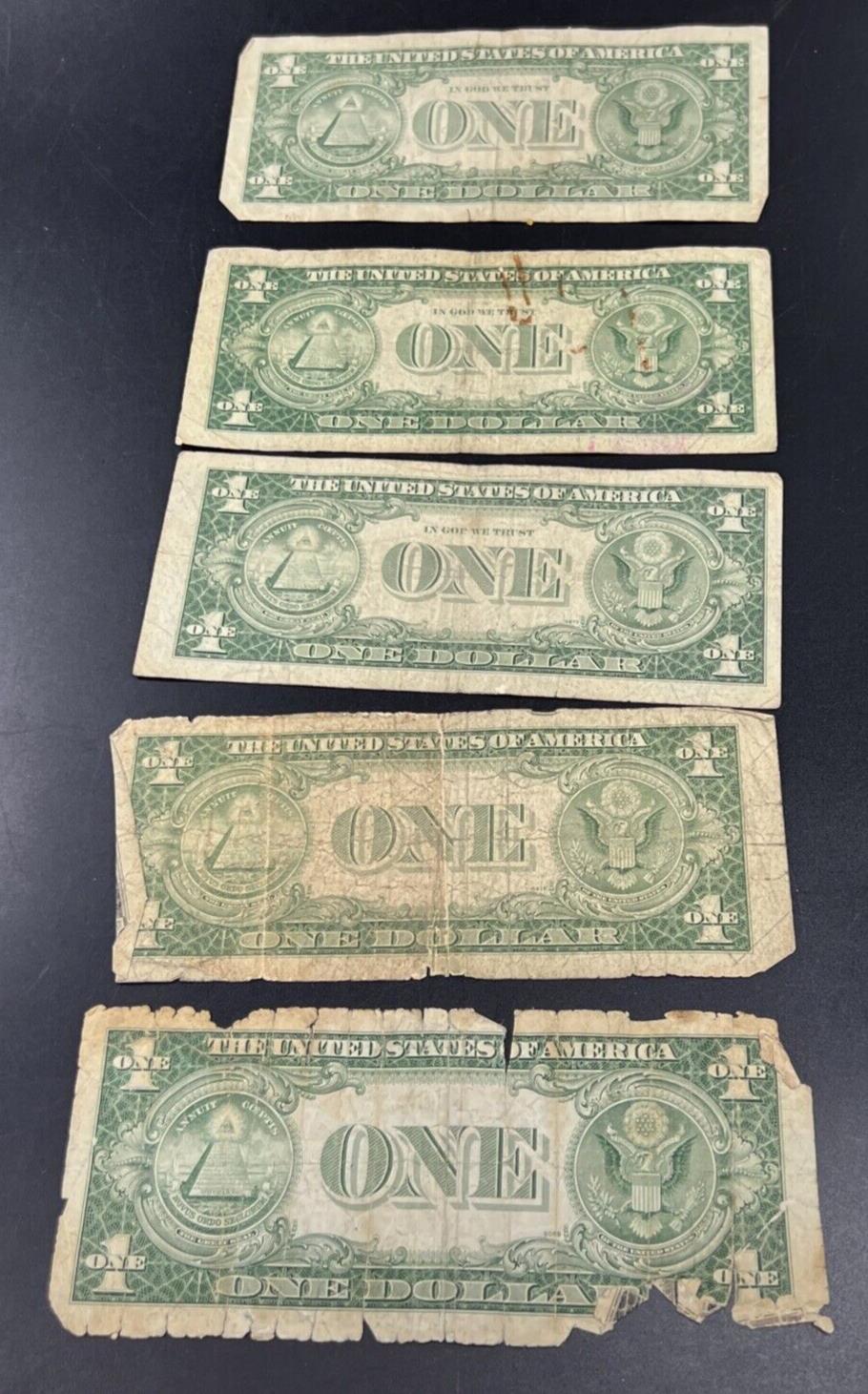 Lot of 5 Cull Very Circulated Small $1 One Dollar Blue Seal Silver Certificates