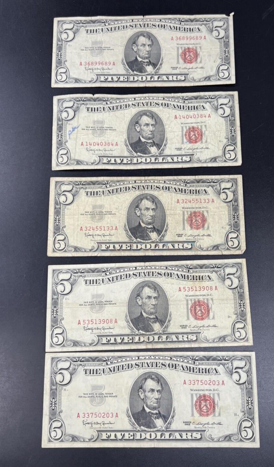 Lot of 5 1963 $5 Five Dollar Legal Tender Note Bills Circulated Conditions #203