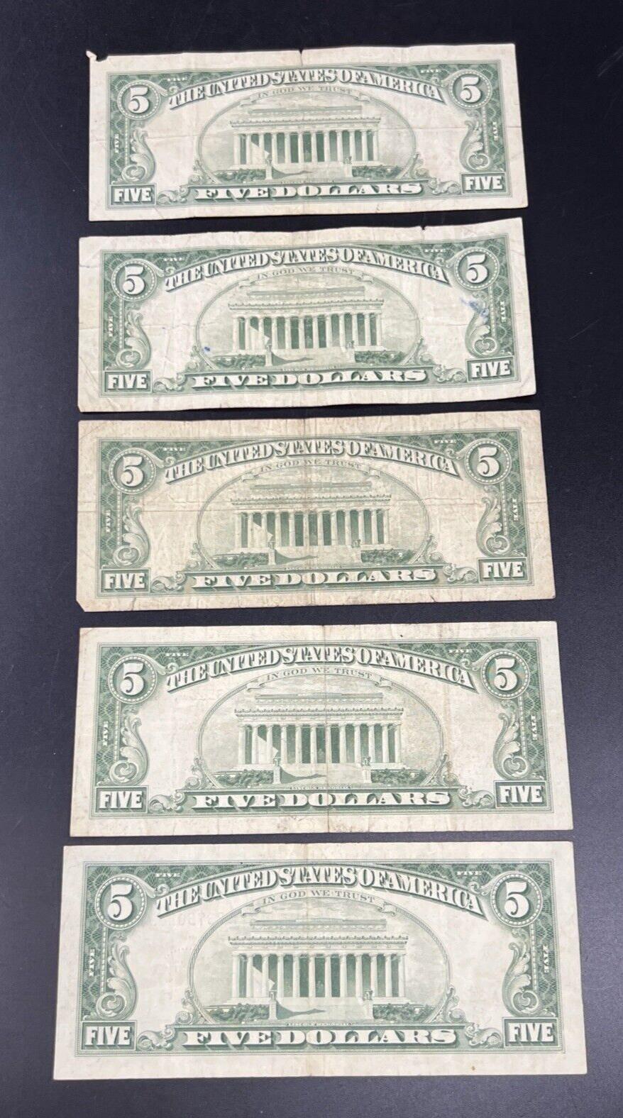 Lot of 5 1963 $5 Five Dollar Legal Tender Note Bills Circulated Conditions #203