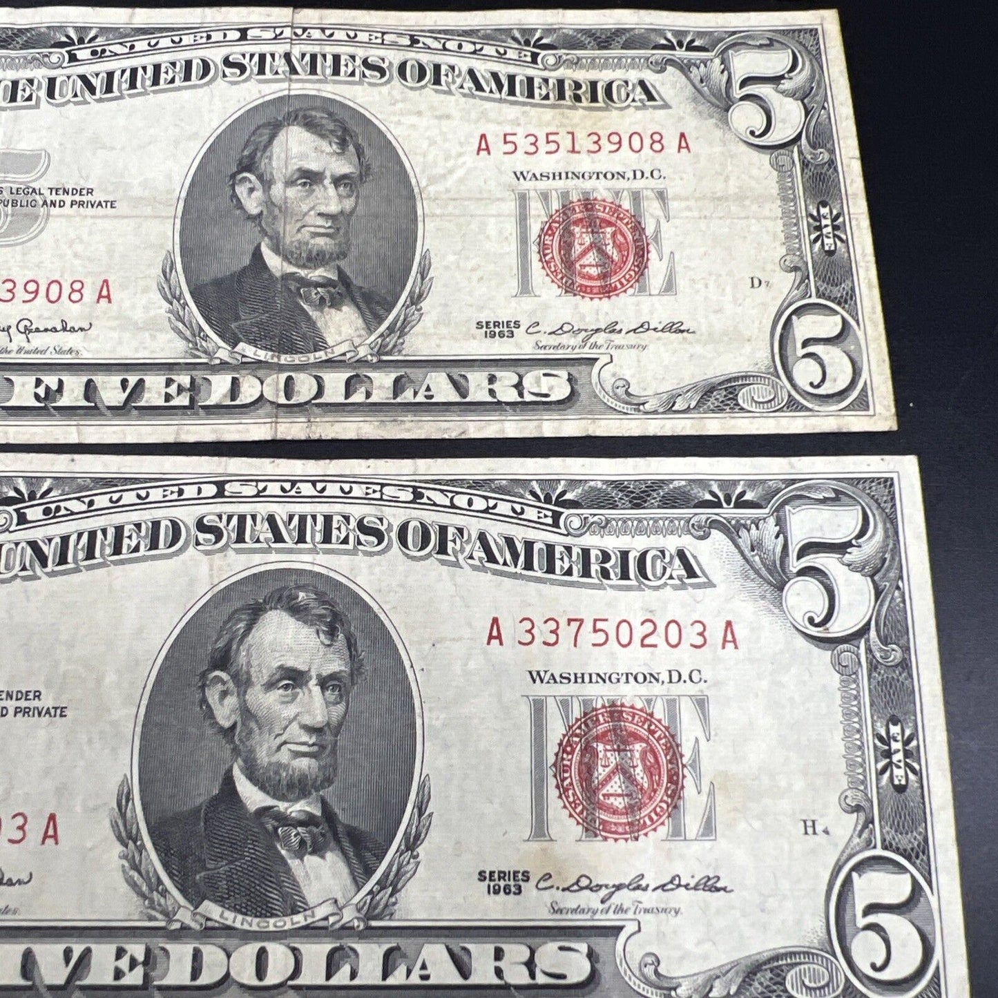 Lot of 5 1963 $5 Five Dollar Legal Tender Note Bills Circulated Conditions #203