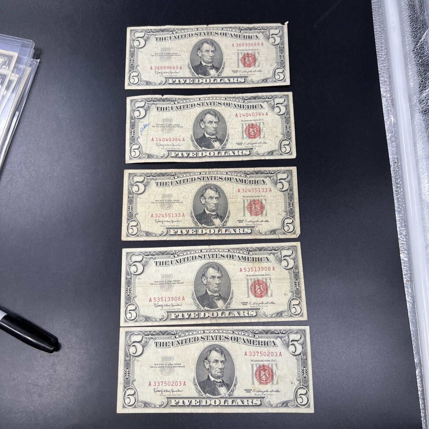 Lot of 5 1963 $5 Five Dollar Legal Tender Note Bills Circulated Conditions #203