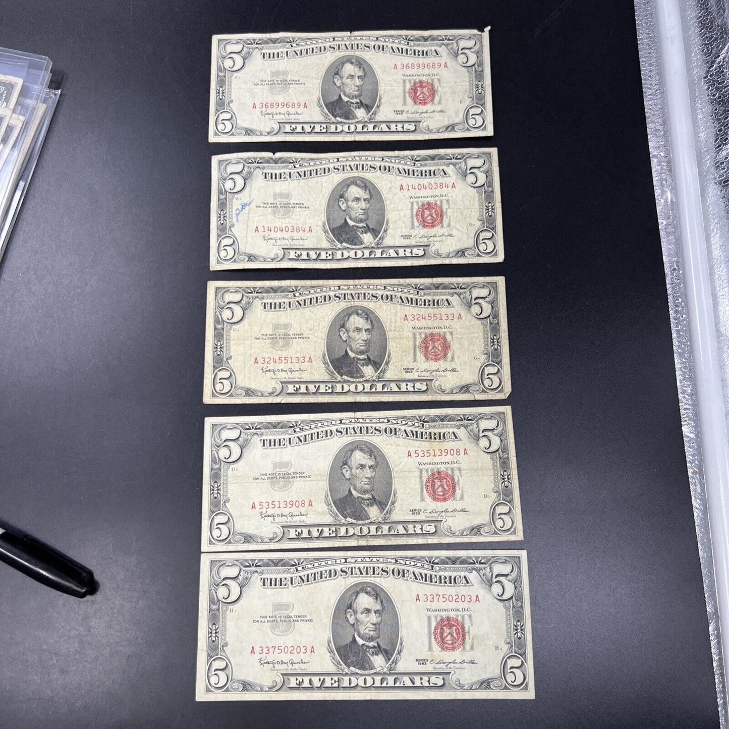 Lot of 5 1963 $5 Five Dollar Legal Tender Note Bills Circulated Conditions #203