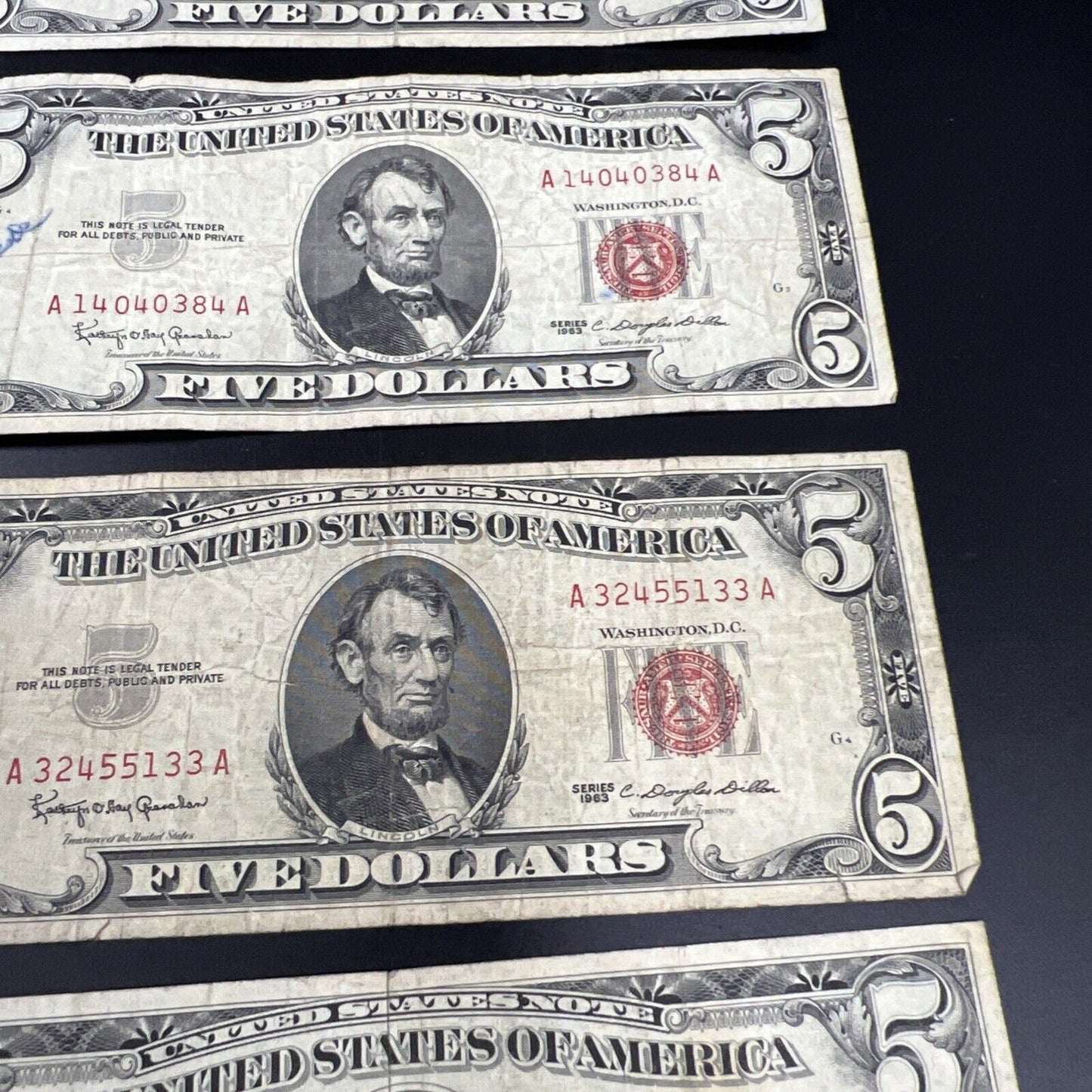 Lot of 5 1963 $5 Five Dollar Legal Tender Note Bills Circulated Conditions #203