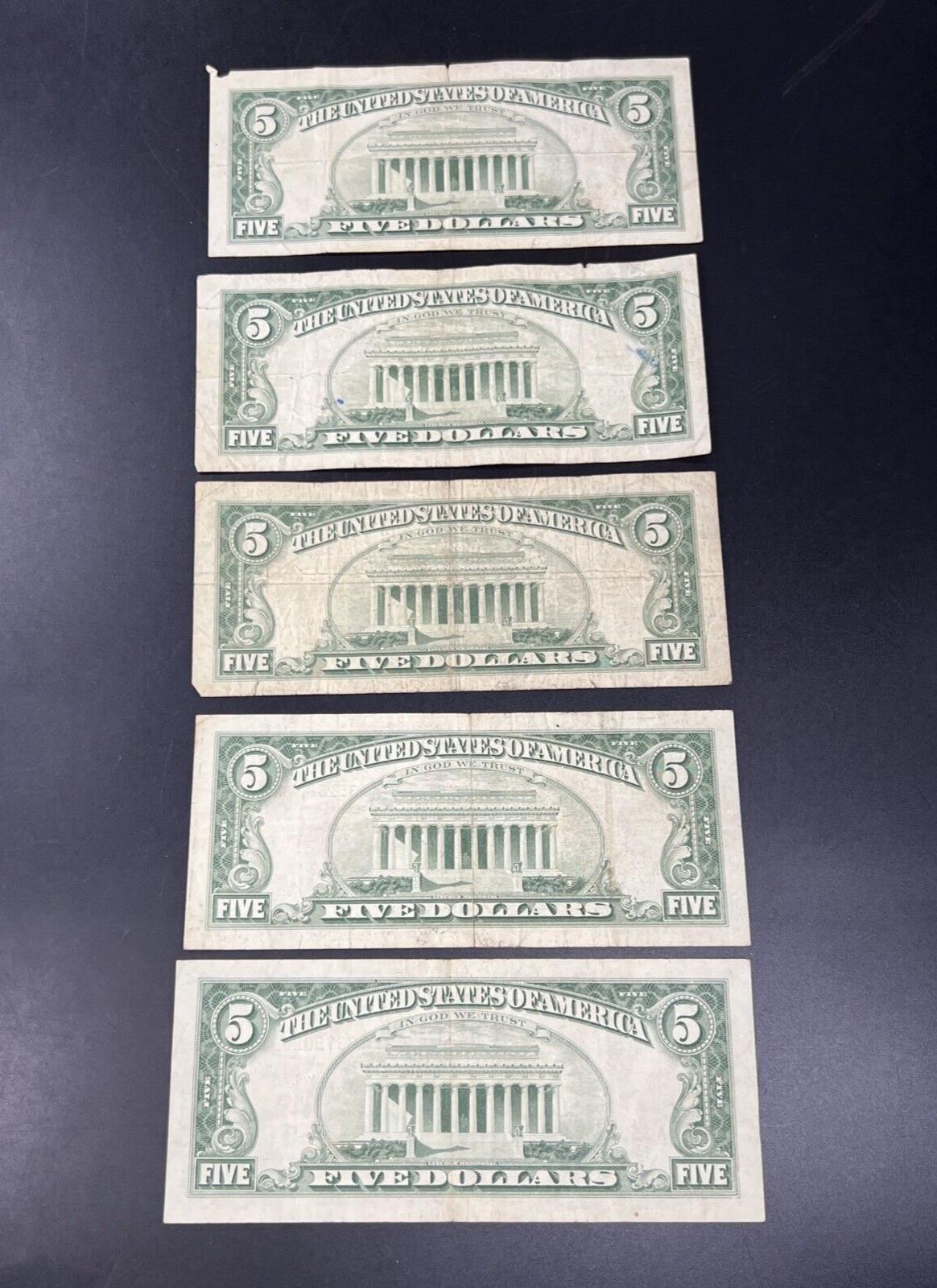 Lot of 5 1963 $5 Five Dollar Legal Tender Note Bills Circulated Conditions #203