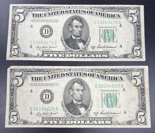 Lot of 2 1950 B $5 Five Dollar FRN Federal Reserve Notes VG / Fine Circ