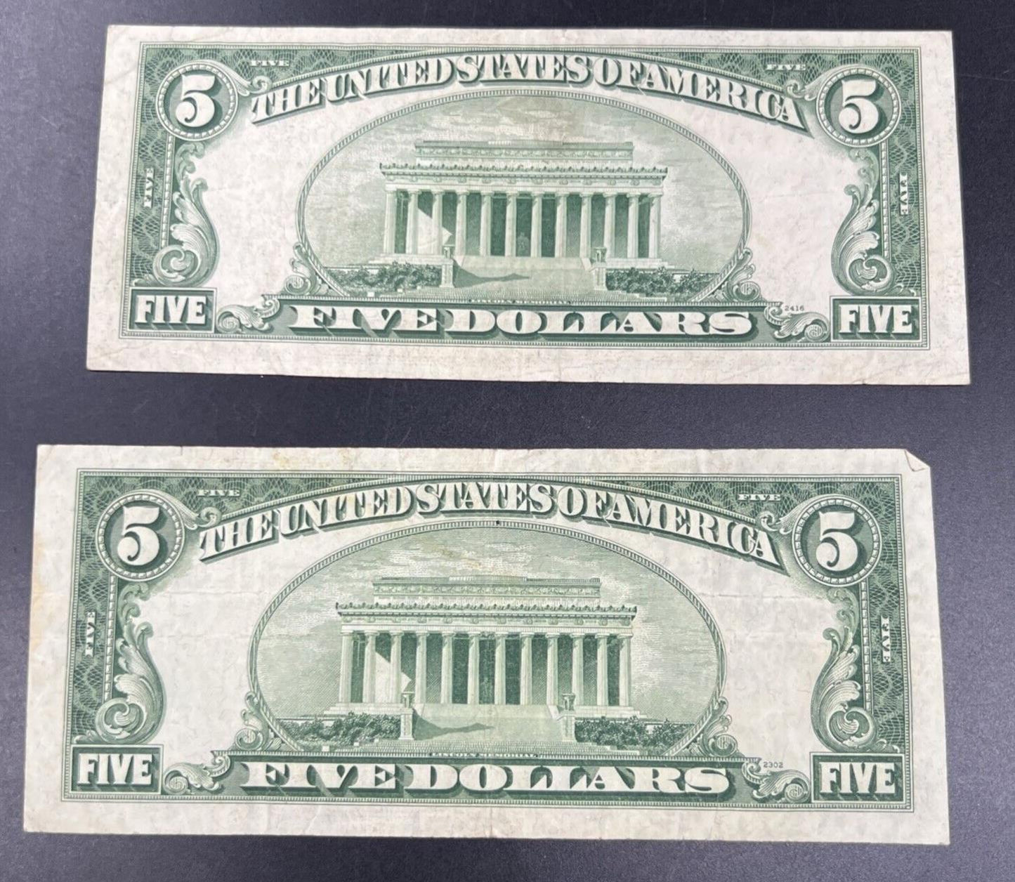 Lot of 2 1950 B $5 Five Dollar FRN Federal Reserve Notes VG / Fine Circ