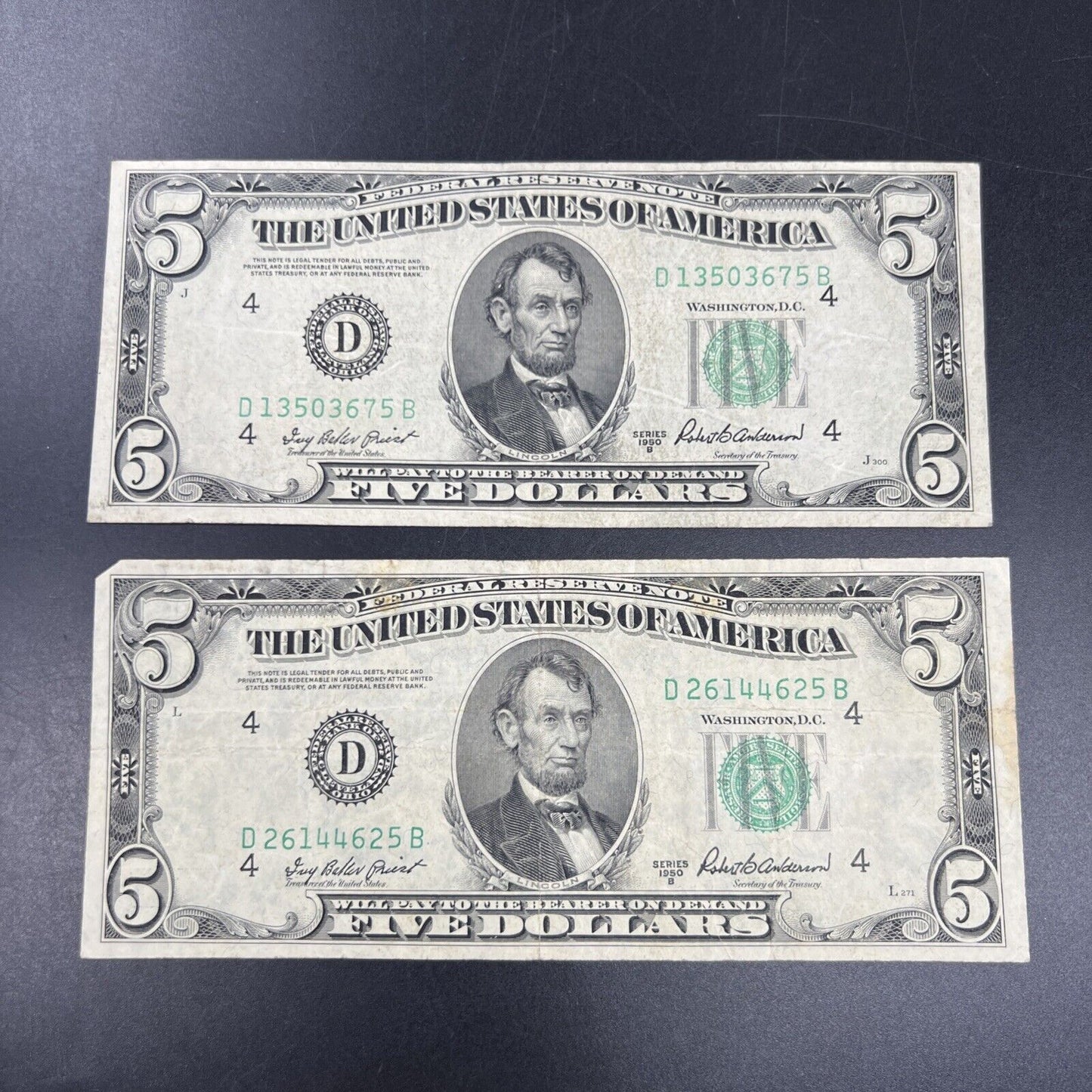 Lot of 2 1950 B $5 Five Dollar FRN Federal Reserve Notes VG / Fine Circ