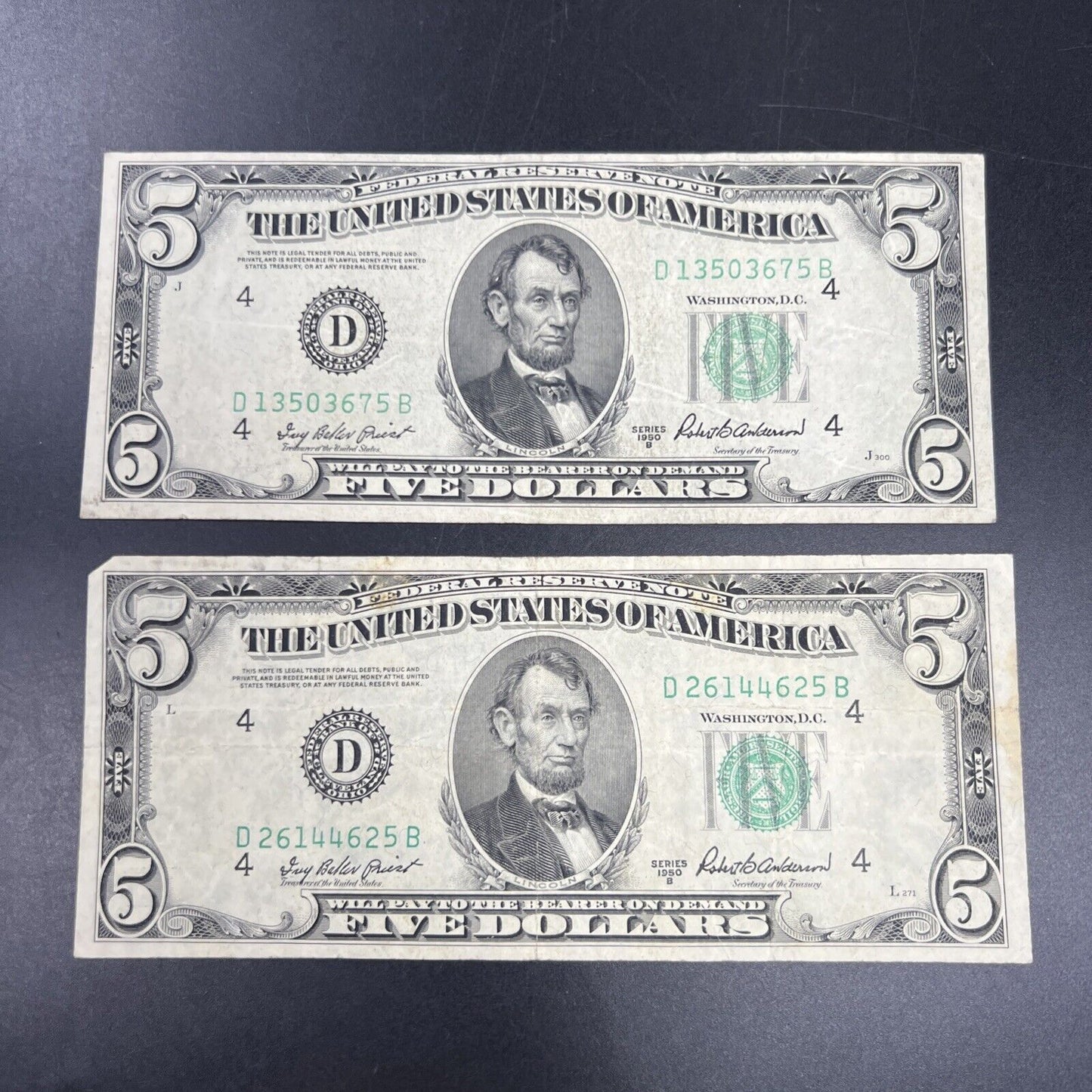 Lot of 2 1950 B $5 Five Dollar FRN Federal Reserve Notes VG / Fine Circ