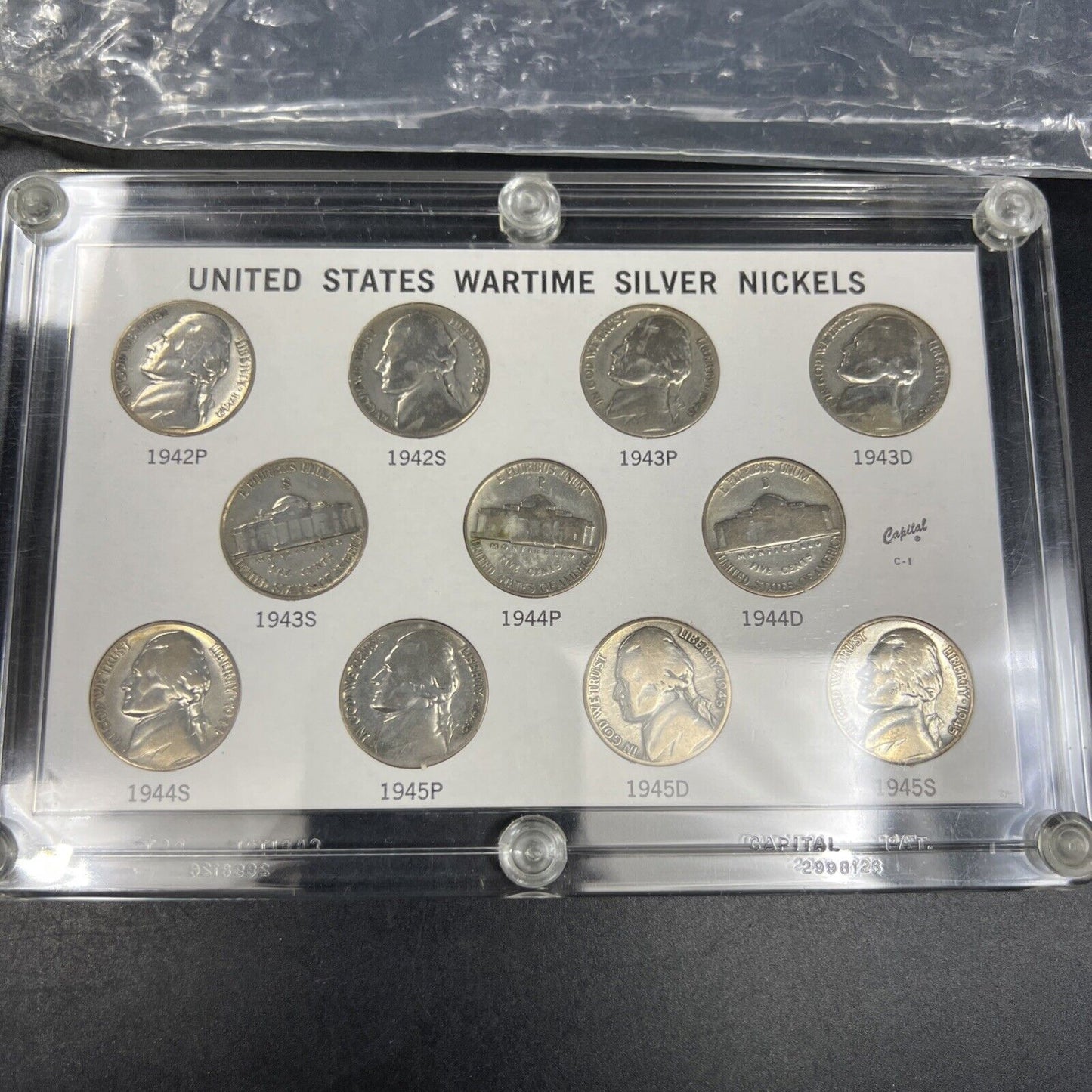 1942 - 1945 Complete 11 Coin US 35% Silver War Nickel Set in Capital Plastics