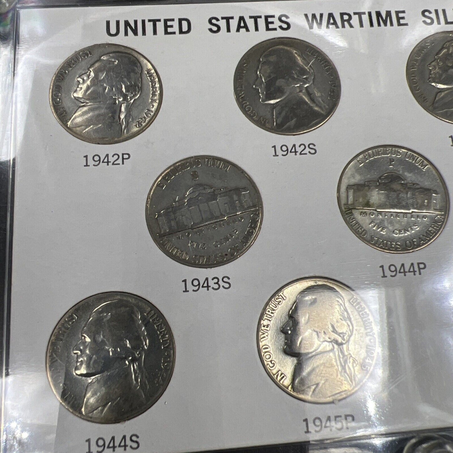 1942 - 1945 Complete 11 Coin US 35% Silver War Nickel Set in Capital Plastics