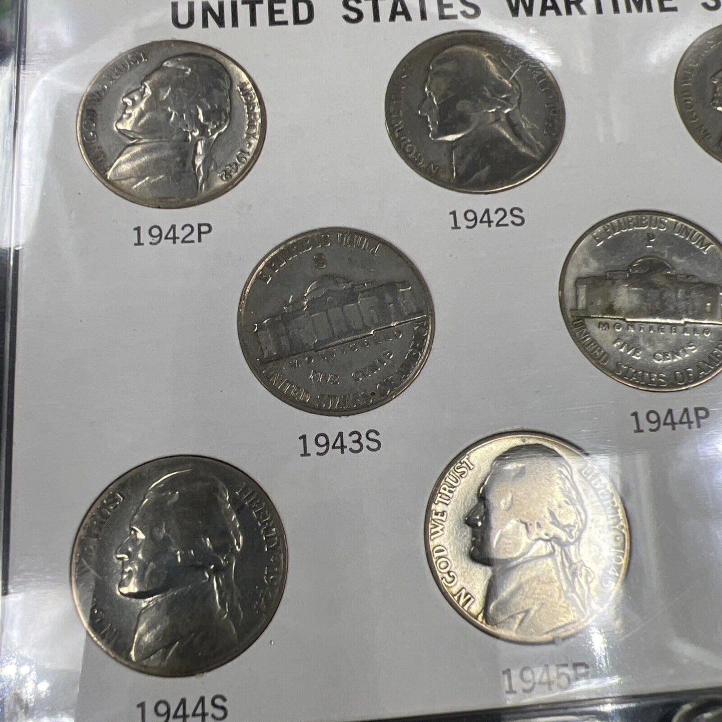 1942 - 1945 Complete 11 Coin US 35% Silver War Nickel Set in Capital Plastics