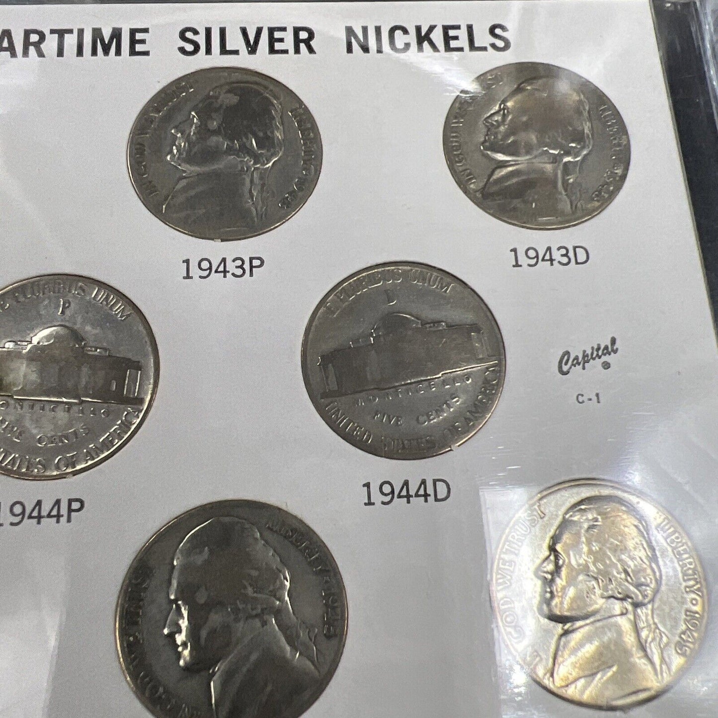 1942 - 1945 Complete 11 Coin US 35% Silver War Nickel Set in Capital Plastics