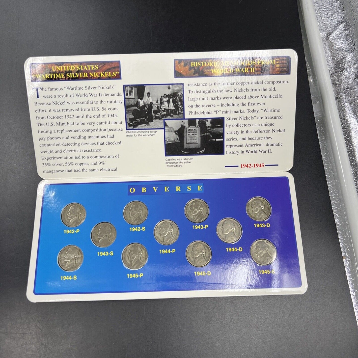 1942 1943 1944 1945 Complete 11 Coin US 35% Silver War Nickel Set n Display Card