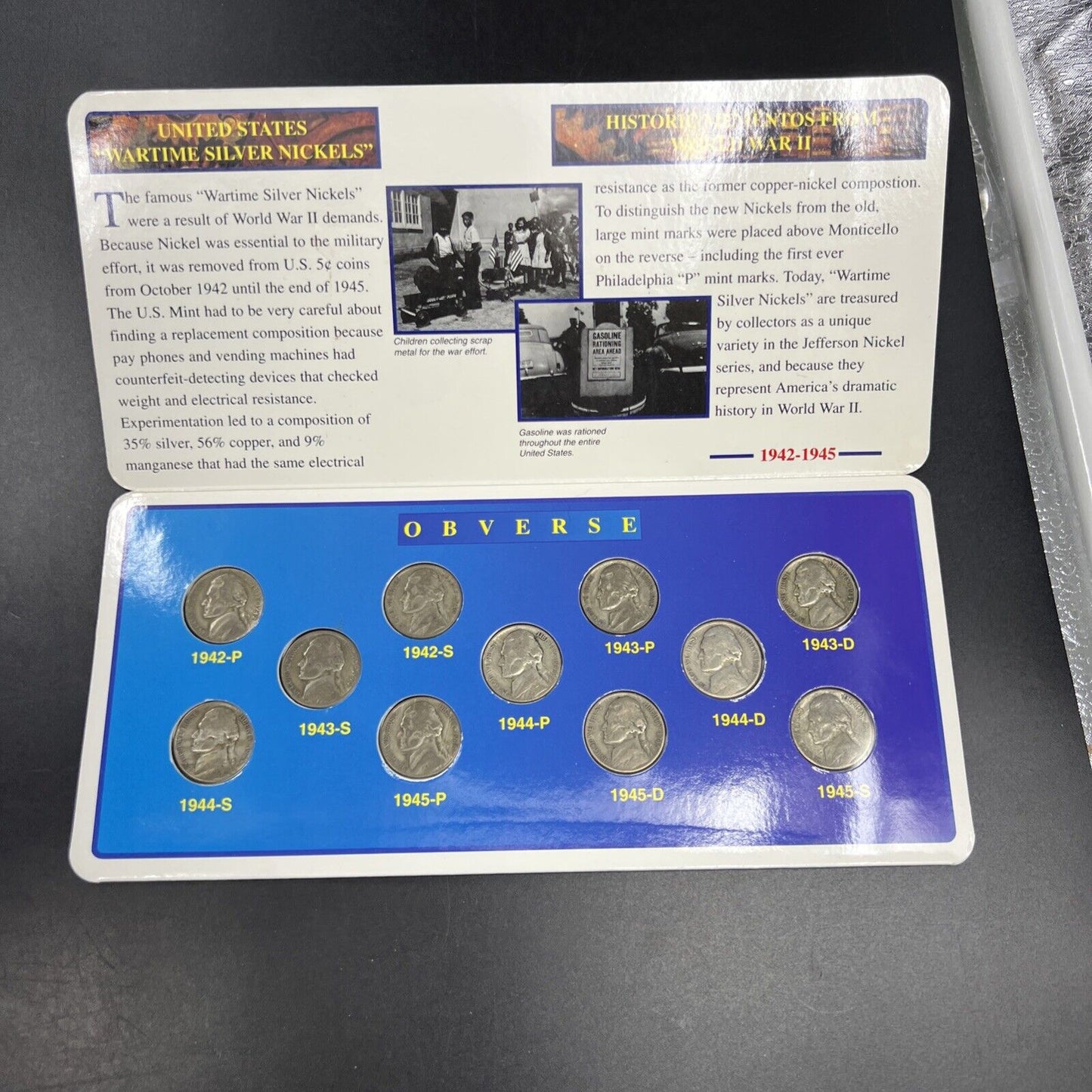 1942 1943 1944 1945 Complete 11 Coin US 35% Silver War Nickel Set n Display Card