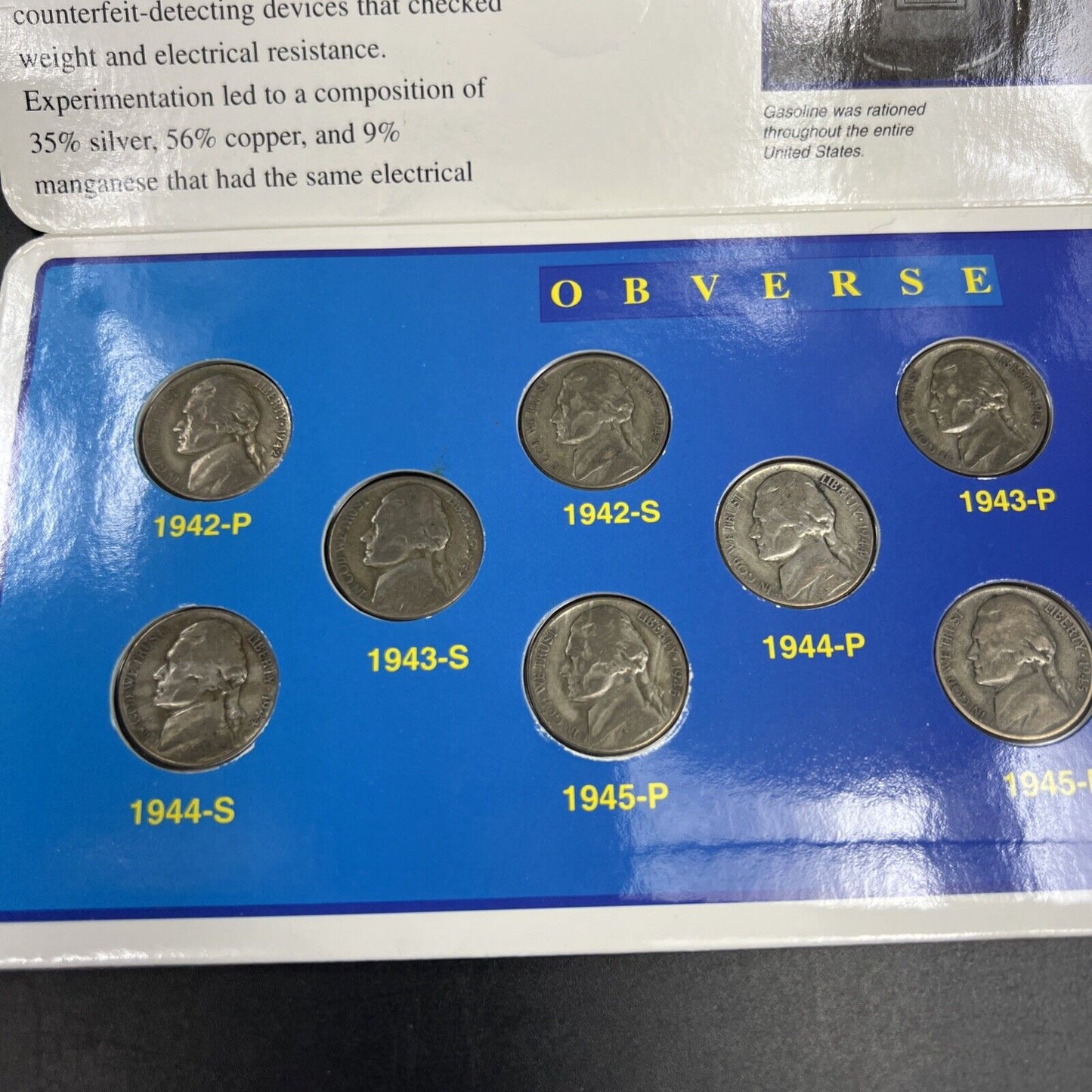 1942 1943 1944 1945 Complete 11 Coin US 35% Silver War Nickel Set n Display Card