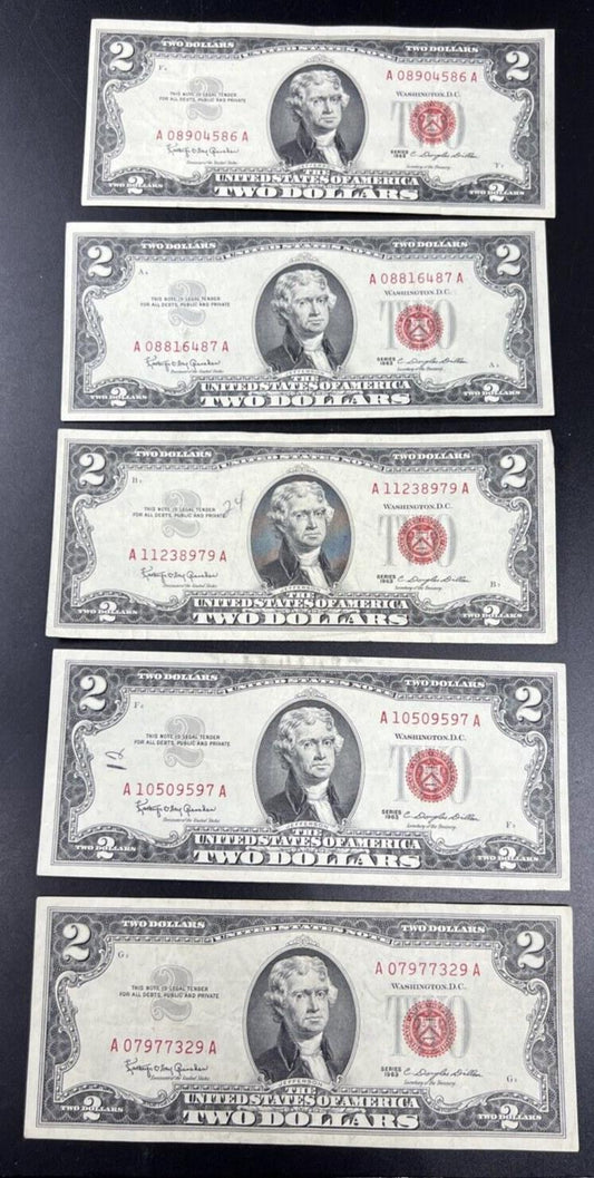 Lot of 5 1963 $2 Two Dollar US Legal Tender Notes Red Seal VF Very Fine Circ #29