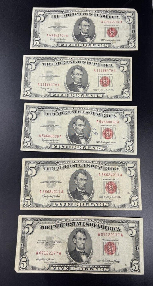 Lot of 5 1963 $5 Five Dollar Legal Tender Note Bills VG / Fine Circ #177