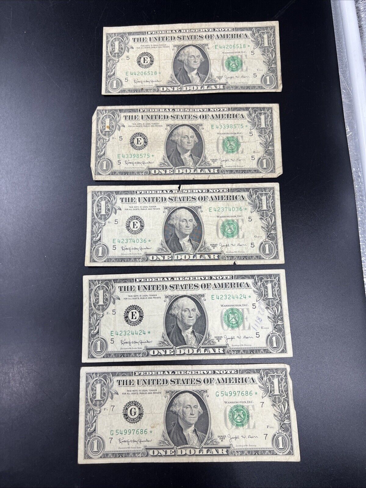 Lot of 5 Star Barr 1963 B * $1 FRN Notes Well Circulated #86