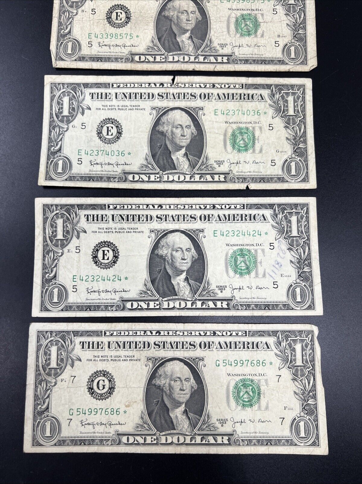 Lot of 5 Star Barr 1963 B * $1 FRN Notes Well Circulated #86