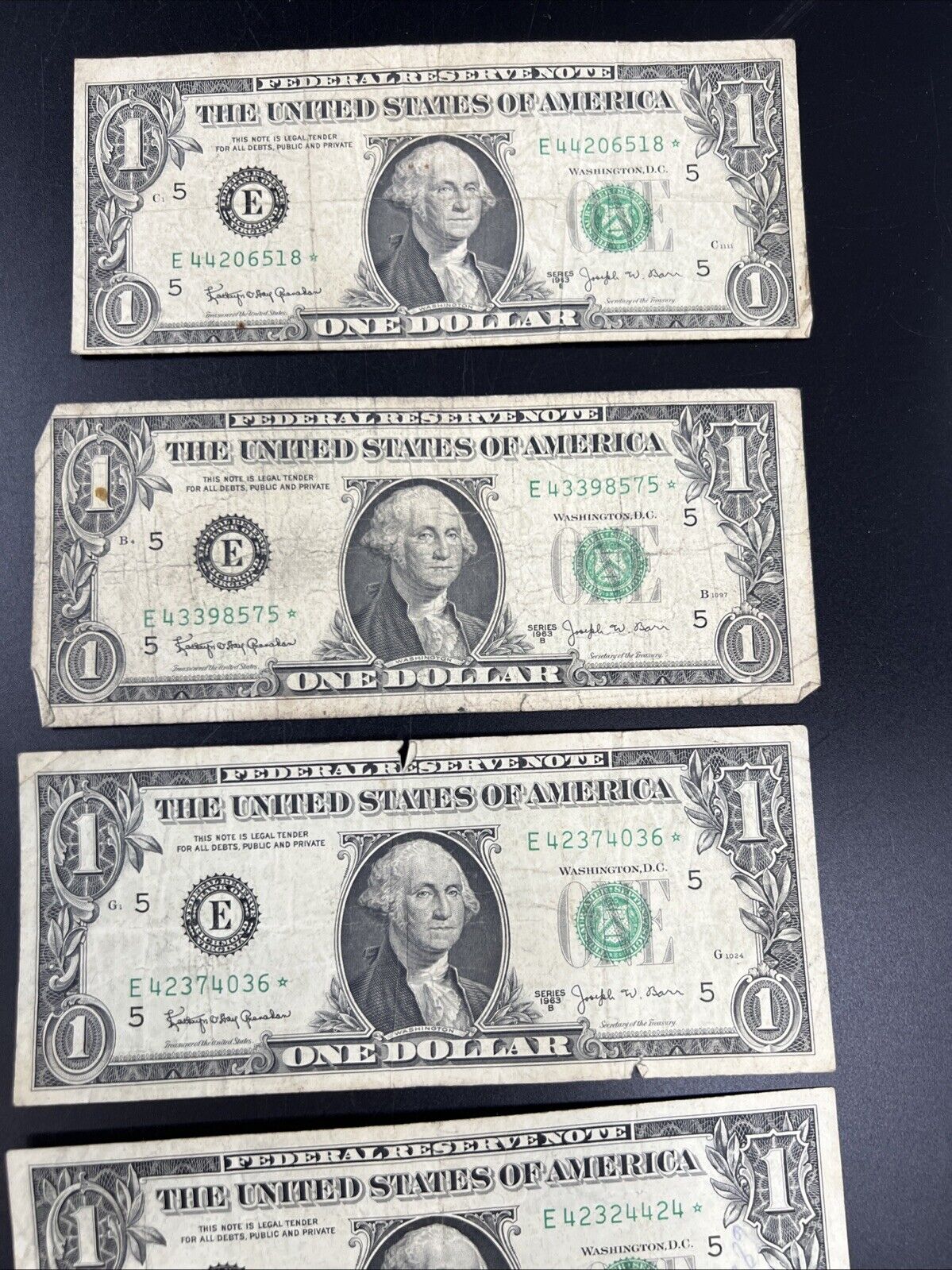 Lot of 5 Star Barr 1963 B * $1 FRN Notes Well Circulated #86