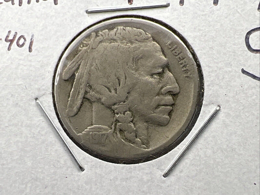 1917 S 5c Buffalo Nickel Coin FS-401 Two Feathers Variety CH VG / Fine Circ