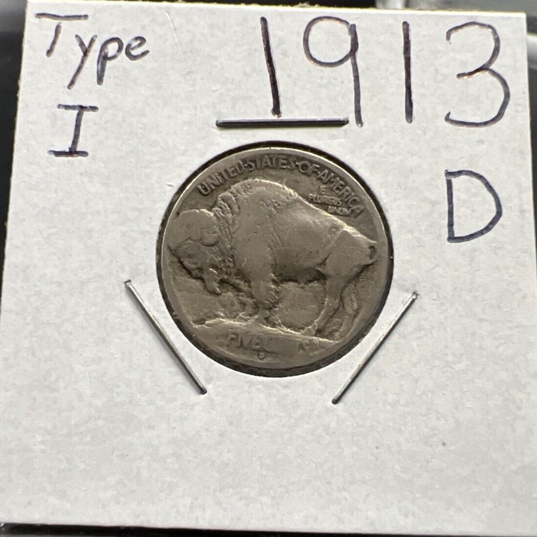 1913 D Buffalo 5c Nickel Coin VG / Fine Details Scratch Type 1 Variety