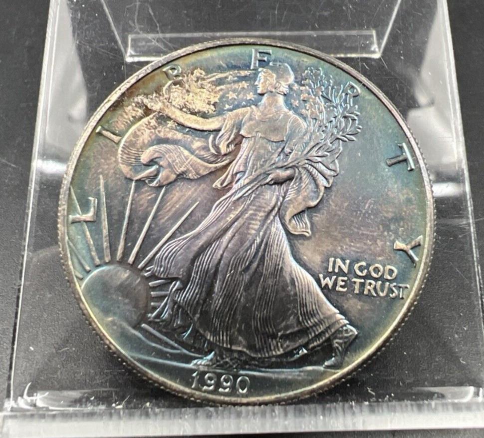 1990 1 Oz ASE American Silver Eagle Coin Choice BU UNC PQ Blue Toning Toner