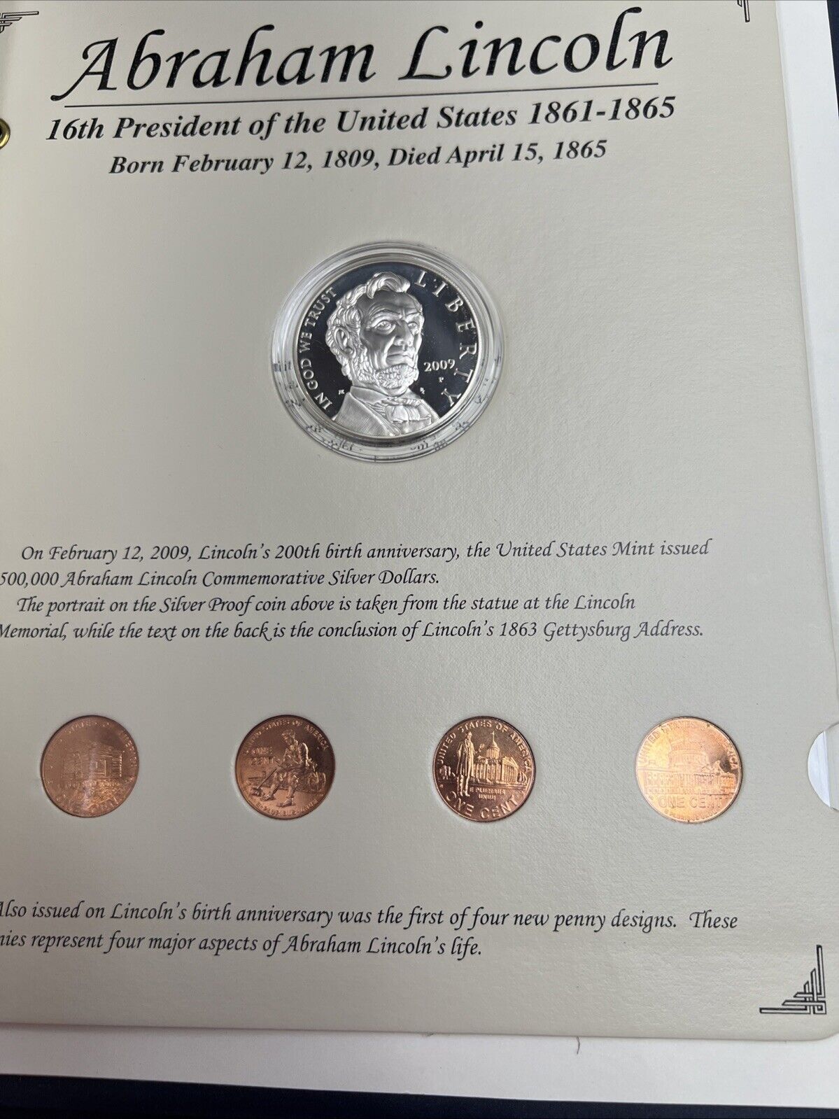 The Abraham Lincoln Coin and Stamp Collection set with Silver Dollar Stamps +