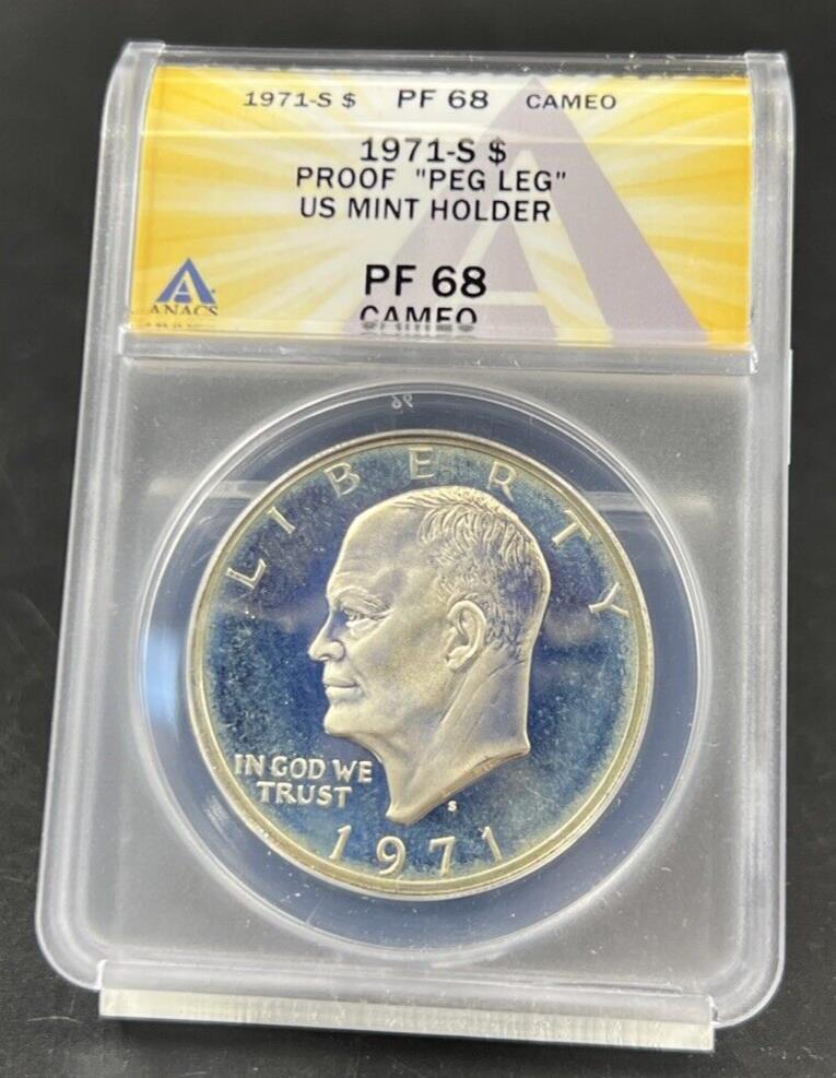 1971 S $1 Ike Eisenhower 40% Silver Dollar Coin Peg Leg Variety ANACS PF68 Cameo