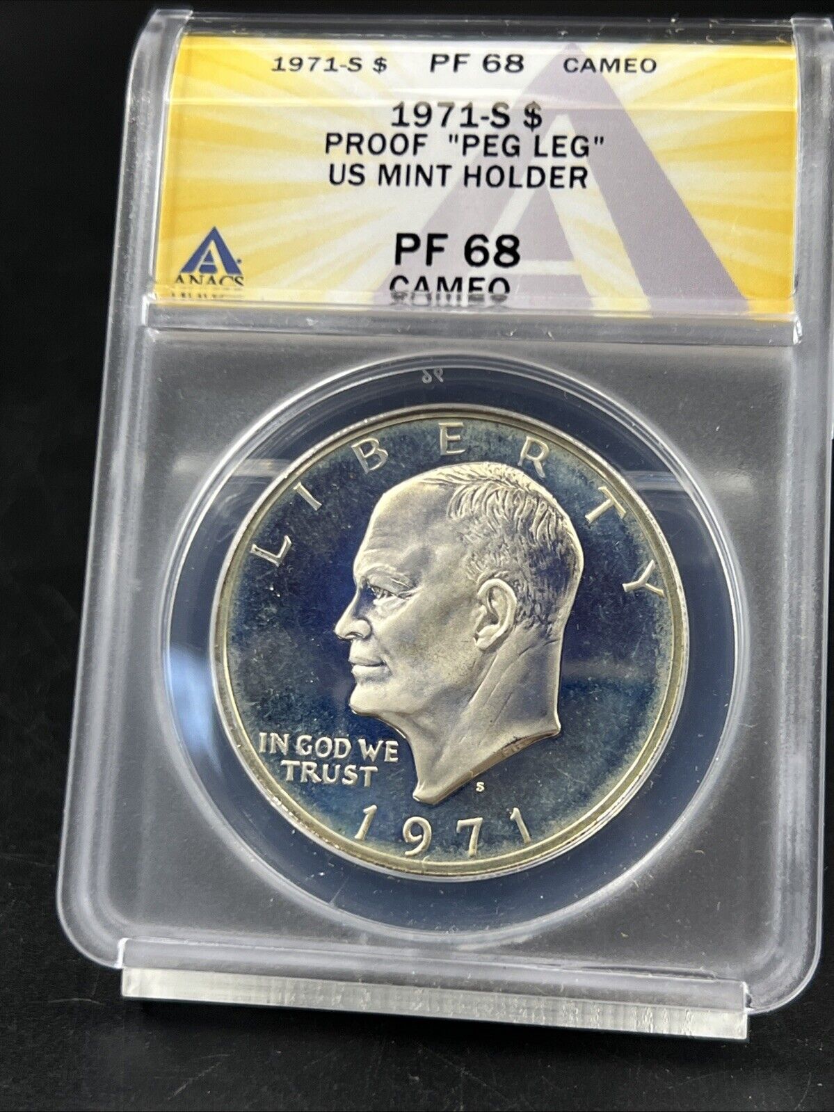 1971 S $1 Ike Eisenhower 40% Silver Dollar Coin Peg Leg Variety ANACS PF68 Cameo