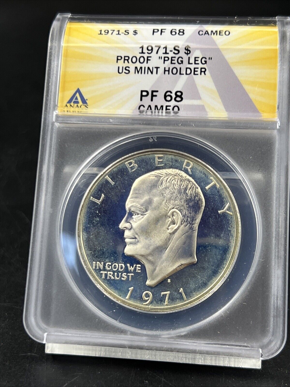 1971 S $1 Ike Eisenhower 40% Silver Dollar Coin Peg Leg Variety ANACS PF68 Cameo