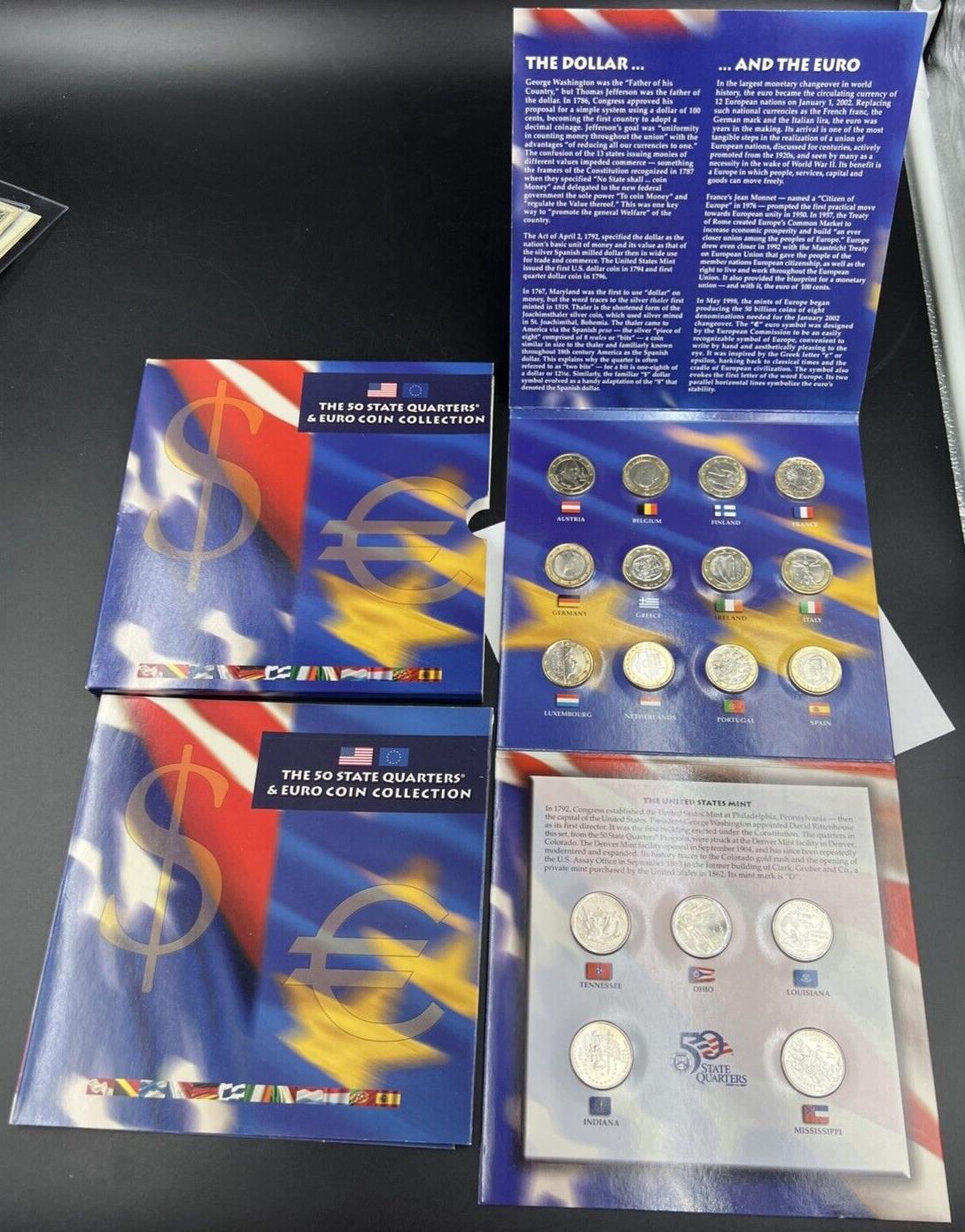 The 50 State Quarters & Euro Coin Collection 5 2002 BU QTRs + 12 BU Euro Coins