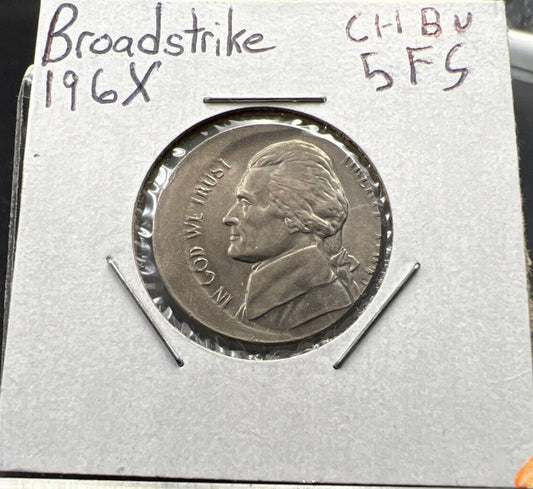 196X ND Jefferson Nickel 5c Ch BU 5 FS Full Steps Off Center Broadstrike Error