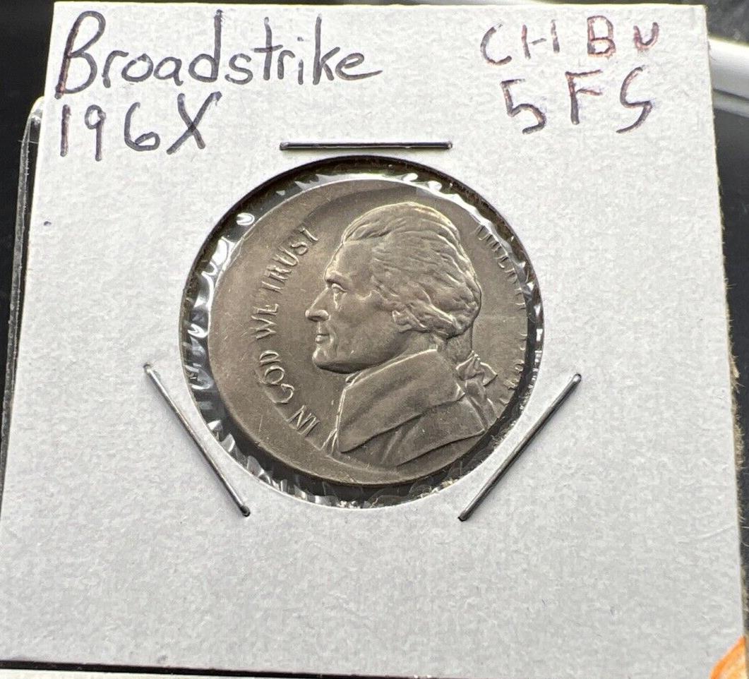 196X ND Jefferson Nickel 5c Ch BU 5 FS Full Steps Off Center Broadstrike Error