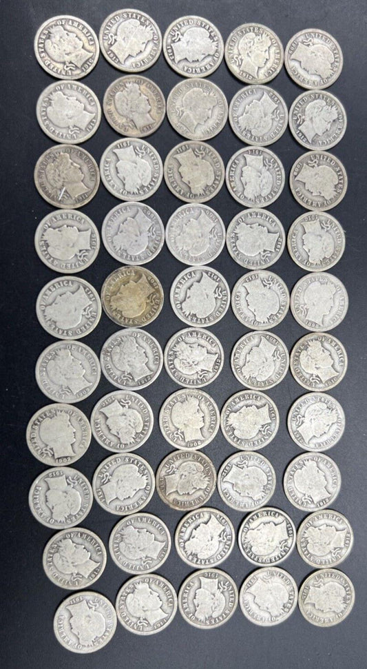 Barber 90% $5 FV Silver Dimes 50 Coin Good + Full Rim Circulated 50 coin Roll #A