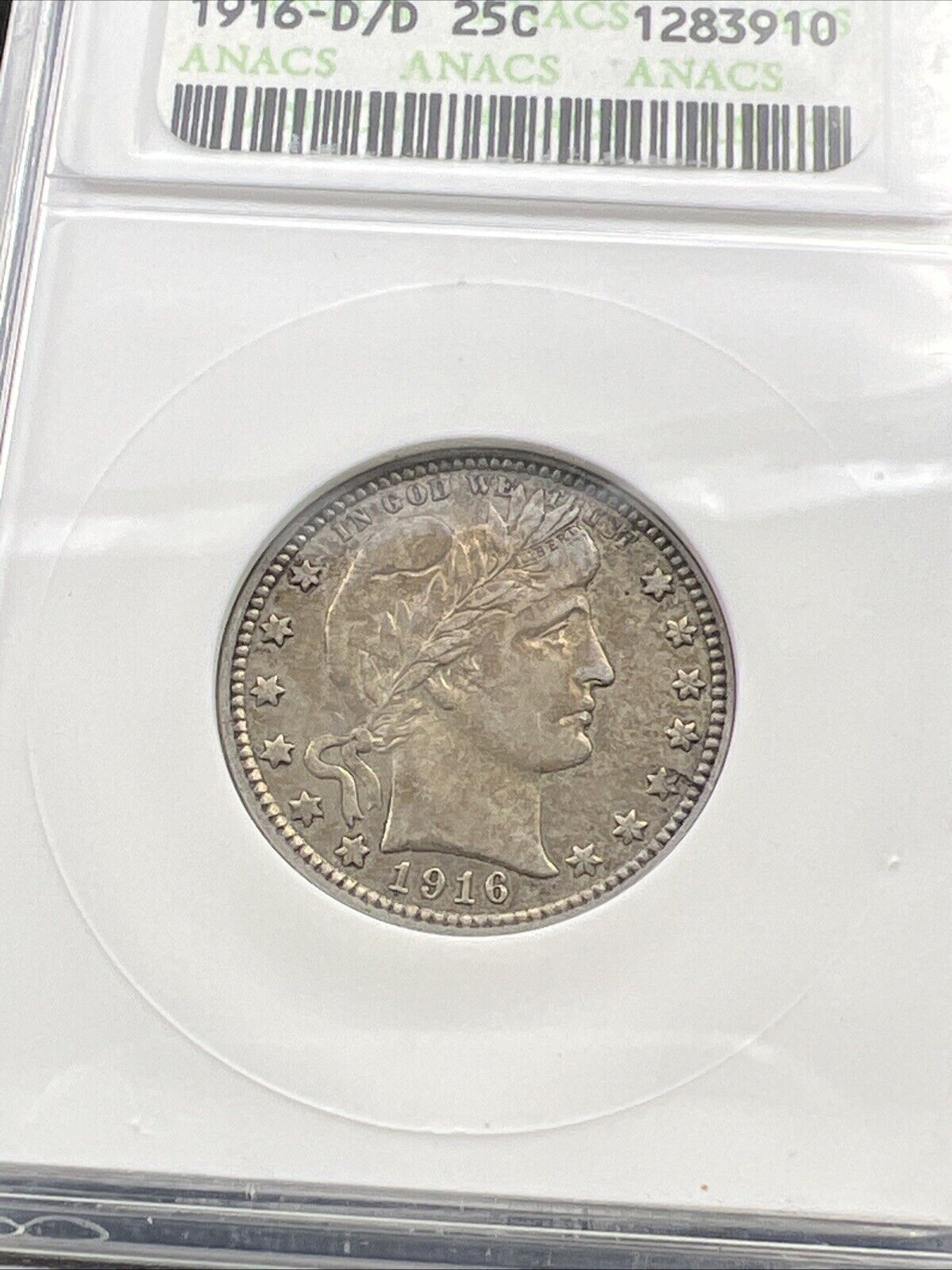 1916 D/D 25c Barber Silver Quarter Denver RPM Variety ANACS AU50