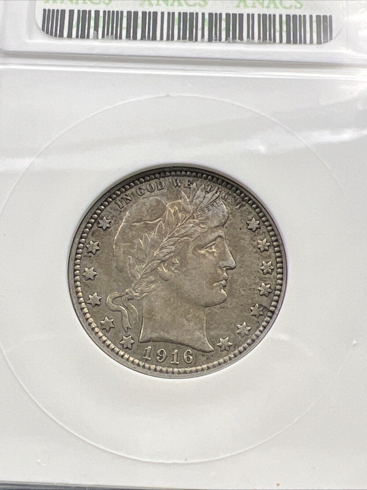 1916 D/D 25c Barber Silver Quarter Denver RPM Variety ANACS AU50