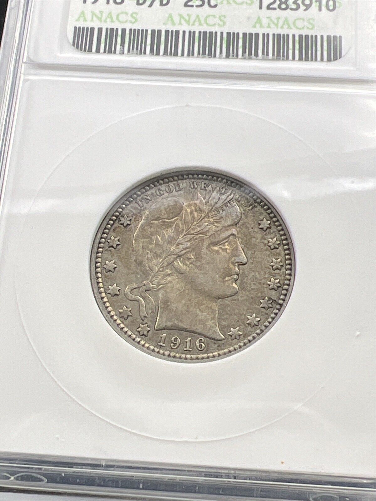 1916 D/D 25c Barber Silver Quarter Denver RPM Variety ANACS AU50