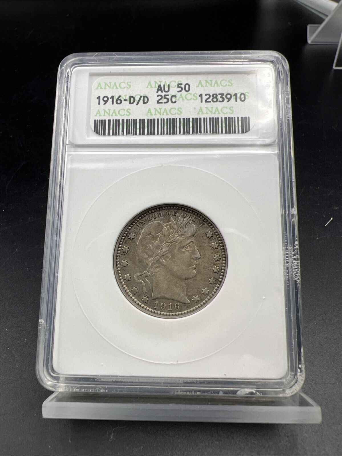 1916 D/D 25c Barber Silver Quarter Denver RPM Variety ANACS AU50