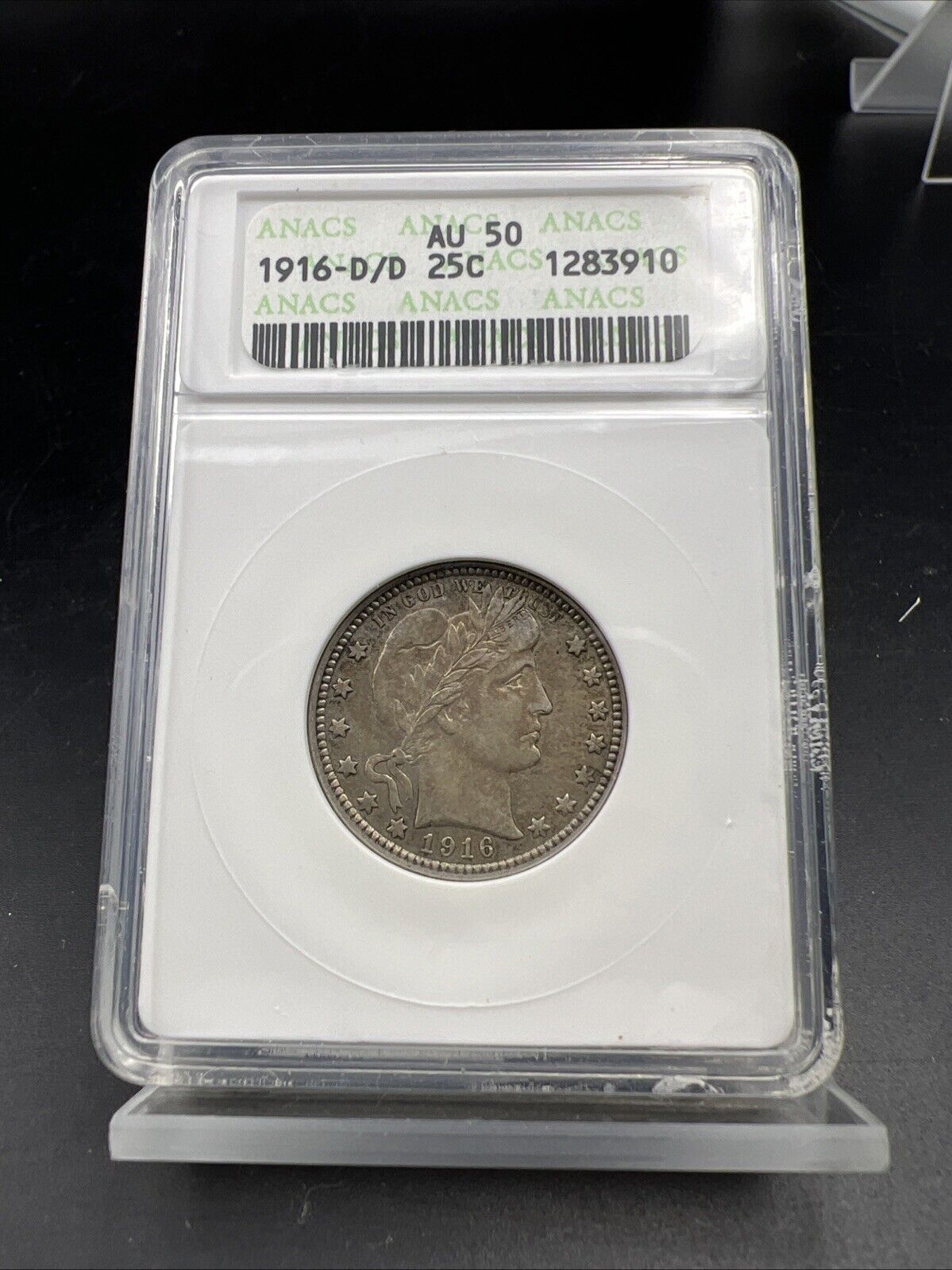 1916 D/D 25c Barber Silver Quarter Denver RPM Variety ANACS AU50