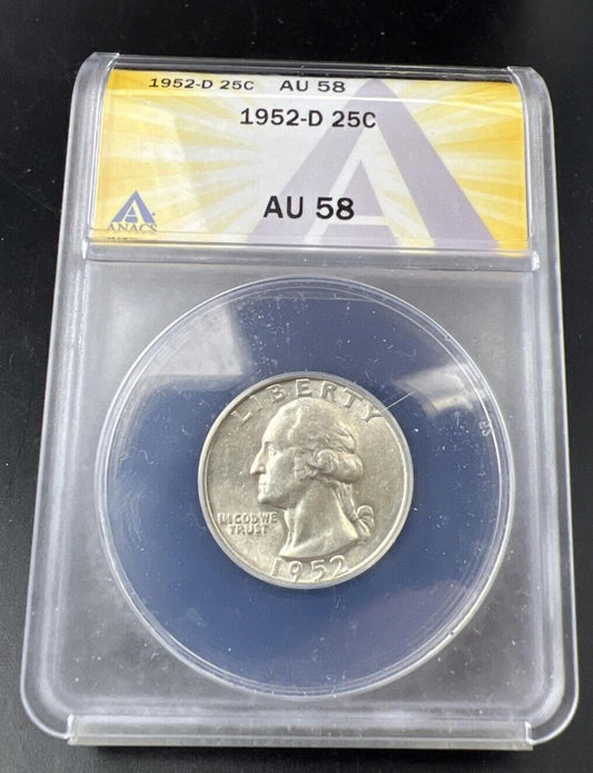 1952 D 25c Washington Silver Quarter Coin AU58 ANACS
