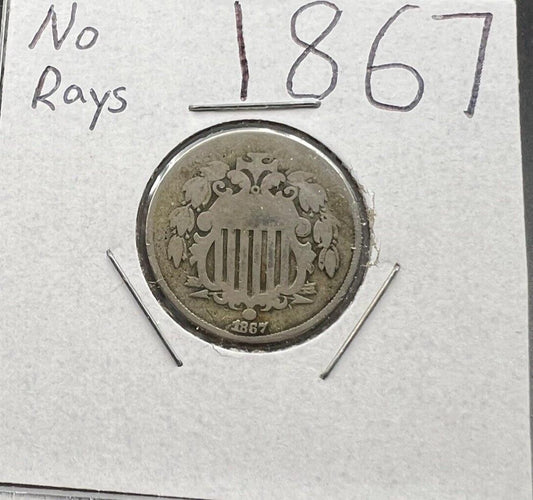 1867 5c No Rays Shield Nickel Coin Choice AG About Good / Good Circ