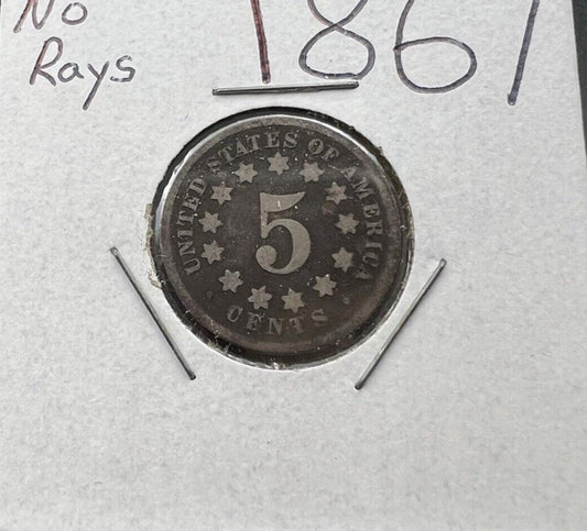 1867 5c No Rays Shield Nickel Coin AG About Good Circulated
