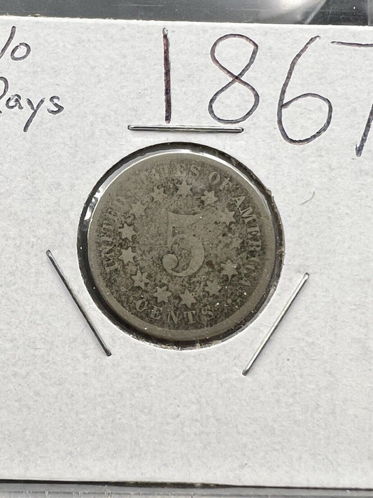 1867 5c No Rays Shield Nickel Coin Fair / AG Very Circulated