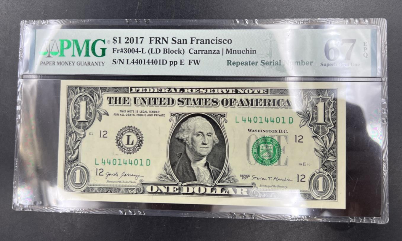 Repeater Serial #44014401 2017 $1 One Dollar FRN Federal Reserve Note PMG 67 EPQ