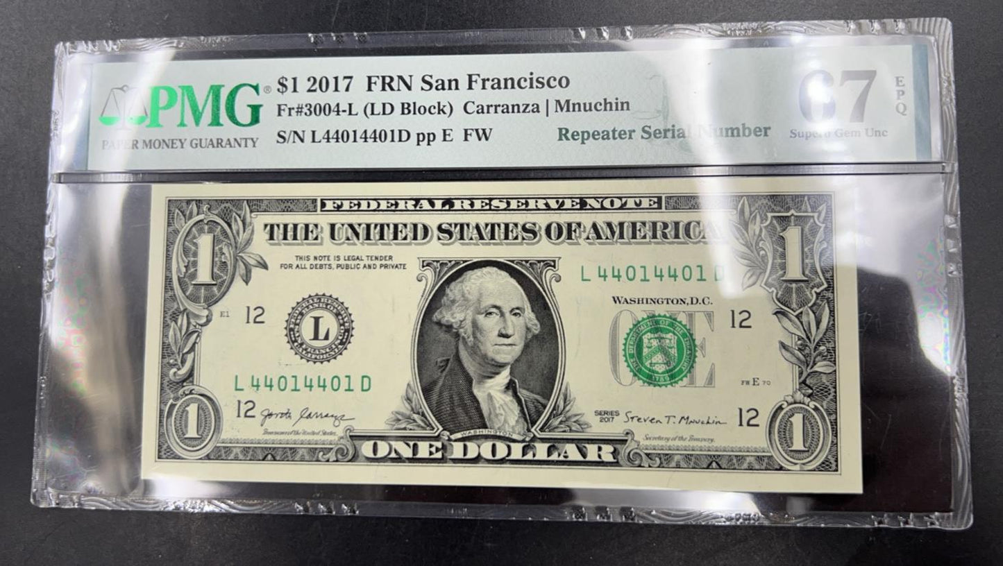 Repeater Serial #44014401 2017 $1 One Dollar FRN Federal Reserve Note PMG 67 EPQ