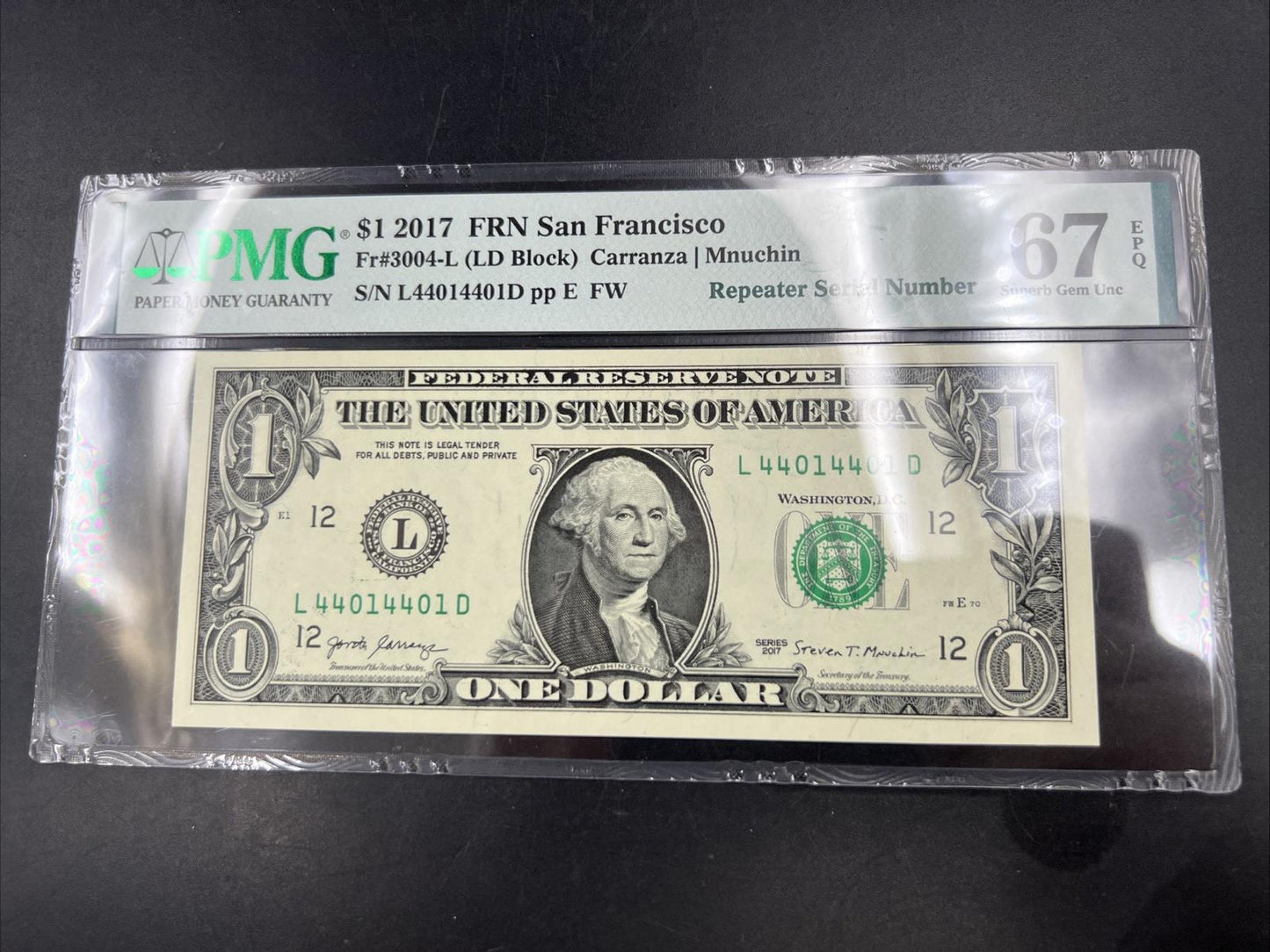 Repeater Serial #44014401 2017 $1 One Dollar FRN Federal Reserve Note PMG 67 EPQ