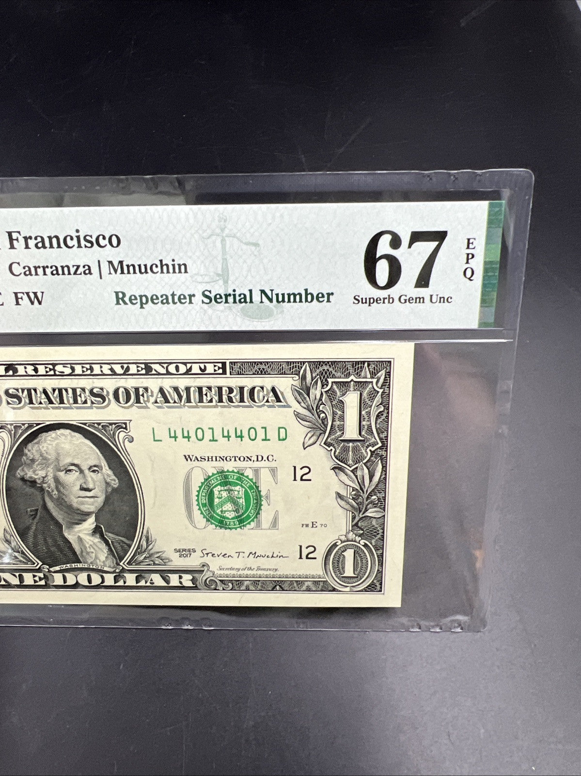 Repeater Serial #44014401 2017 $1 One Dollar FRN Federal Reserve Note PMG 67 EPQ