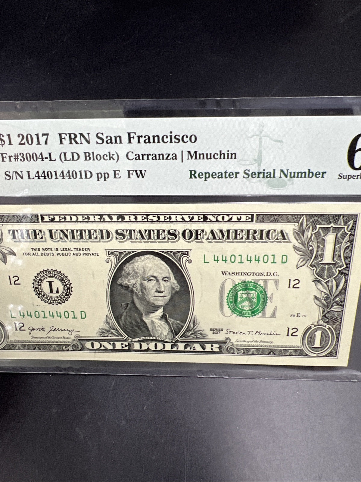 Repeater Serial #44014401 2017 $1 One Dollar FRN Federal Reserve Note PMG 67 EPQ