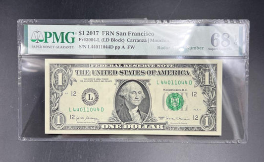 Radar Serial #44011044 2017 $1 One Dollar FRN Federal Reserve Note PMG 68 EPQ